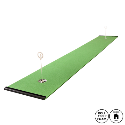 The BirdieBall 2' x 10' Standard Putting Mat Package – Indoor RollTech™ Putting Green features two holes, white flags, and "ROLL TECH FOAM" and "INDOOR ONLY" icons, designed for optimal home putting practice.