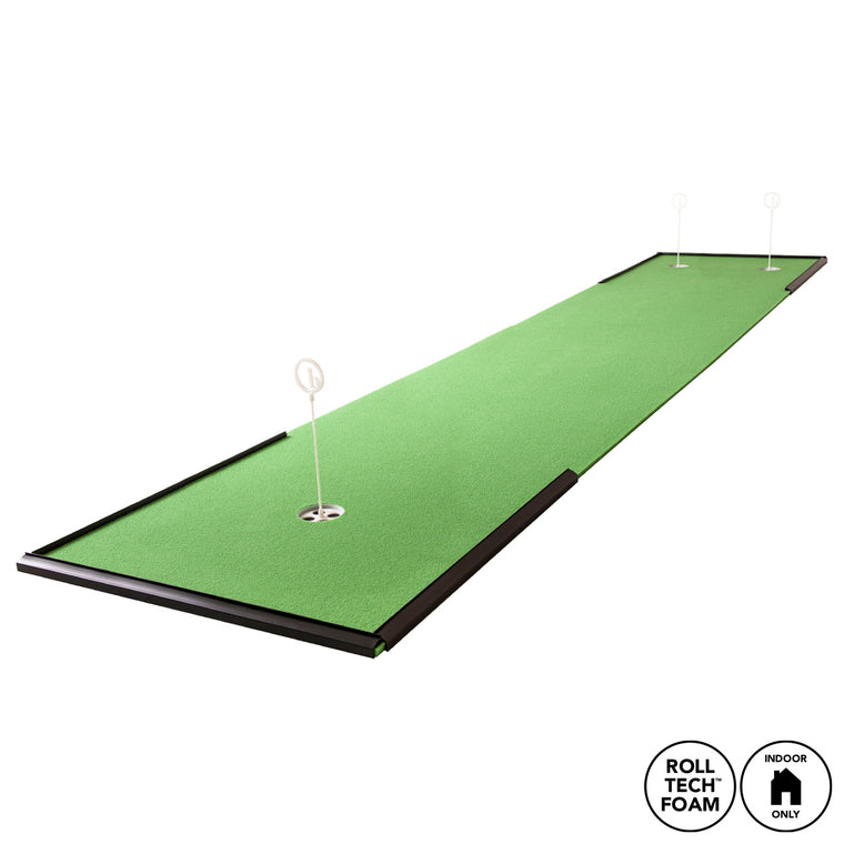 The BirdieBall 3' x 12' Customer Favorite Putting Mat is a long, rectangular indoor RollTech™ putting green with three holes and foam borders, perfect for at-home practice and labeled for indoor use only.