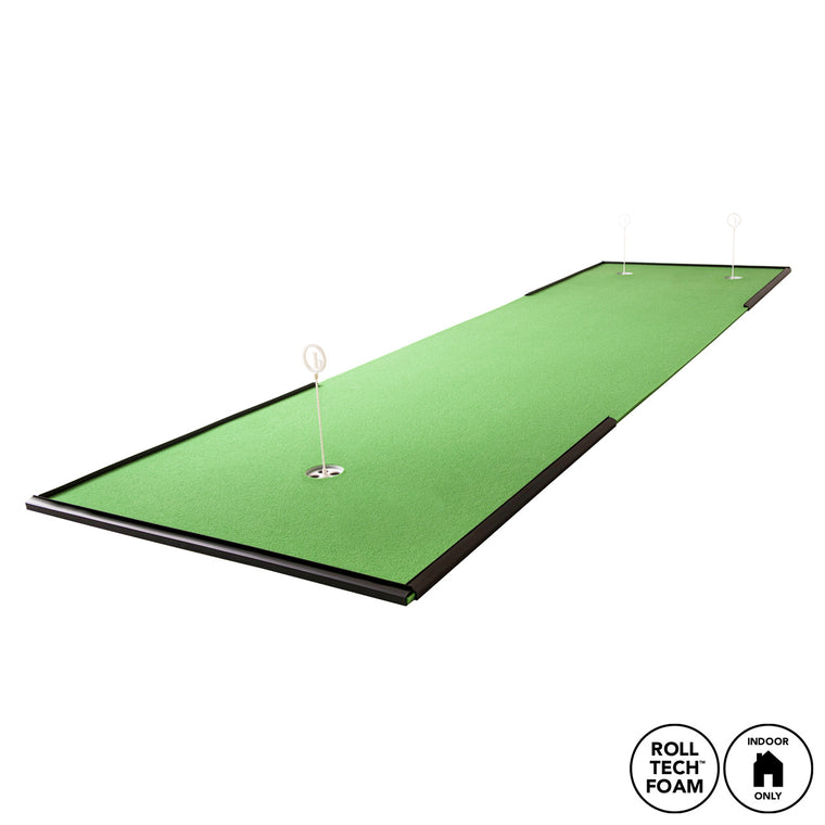 BirdieBall 4' x 12' Customer Favorite Putting Mat features three holes, flags, black borders, and RollTech™ foam—designed for indoor use and perfect at-home putting practice. Shown on white with "ROLL TECH FOAM" and "INDOOR ONLY" icons.