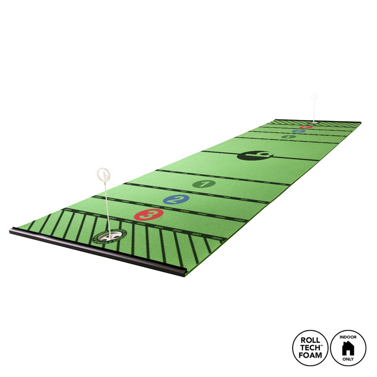 The BirdieBall Shuffle Golf - ShufflePutt! indoor mat (4 sizes) features numbered targets, two flags, "Roll Tech Foam," and "Indoor Only" icons—ideal for a fun shuffleboard putting game at home.
