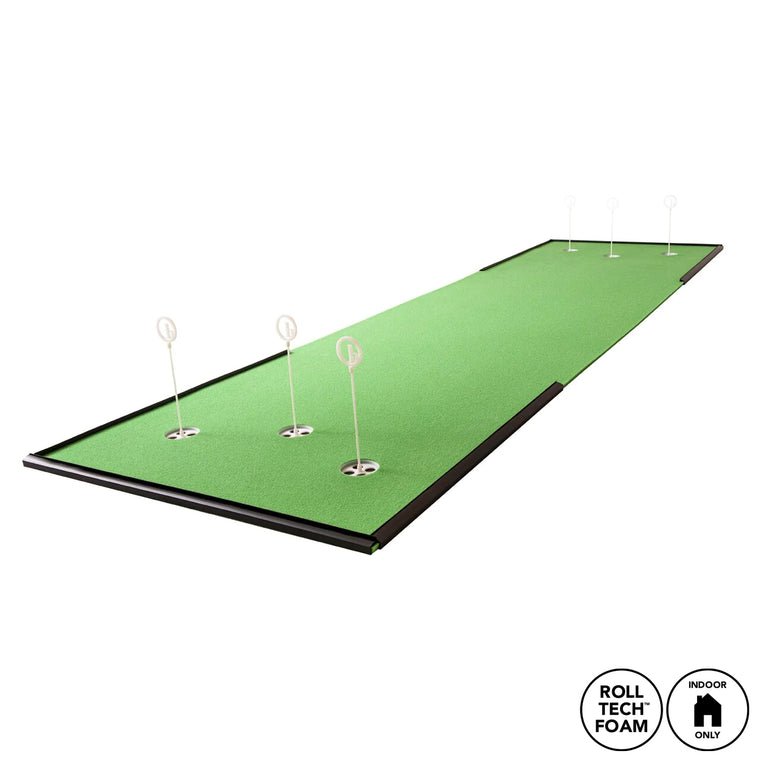 BirdieBall The Ultimate Putting Mat Package (4'x10'-4'x18') Indoor RollTech™ Putting Green features a true-rolling rectangular surface, six white cups with flags, and “Roll Tech Foam” and “Indoor Only” icons, shown on a white background.
