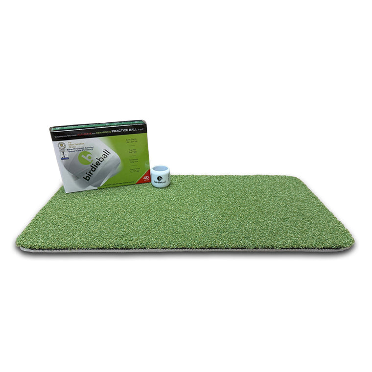 The BirdieBall Turf Set features a rectangular artificial turf mat and a dozen limited flight practice golf balls—ideal for creating your own backyard driving range—all shown against a clean, white backdrop.