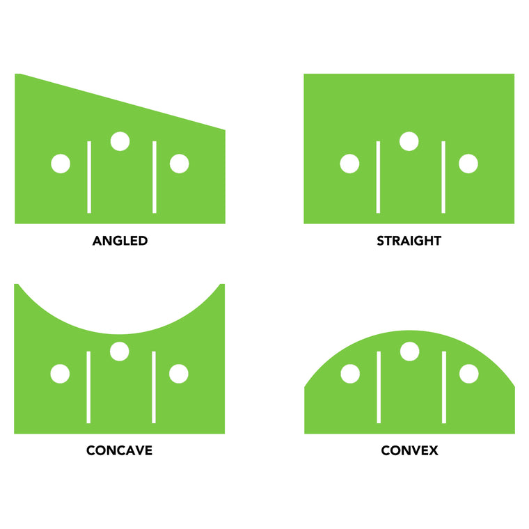Diagram displays four BirdieBall Full Width Hole Deepening/Break Shim Set shapes—angled, straight, concave, convex—each with three white dots and two vertical lines inside green shapes for enhanced practice.
