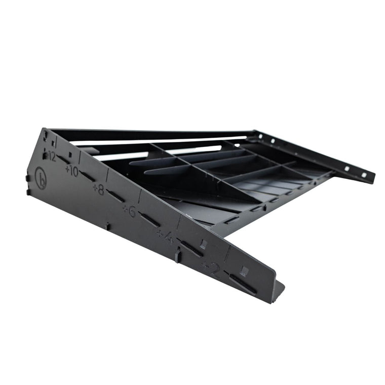 The BirdieBall black adjustable plastic shelving bracket, featuring measurement markings and multiple slots, is perfect for supporting your Putt-Up® Ramp or organizing putting mat accessories. Shown on a white background.