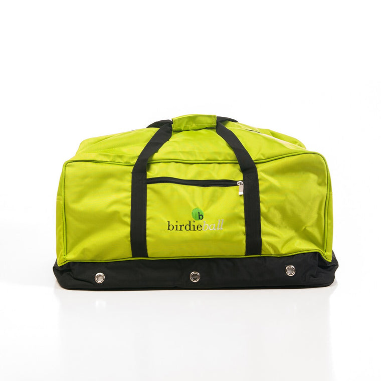 The BirdieBall Duffle Bag features a bright green and black design, front zipper pocket, detachable shoulder strap, and the BirdieBall logo on the front—ideal for storing your practice gear. Photographed against a white background.