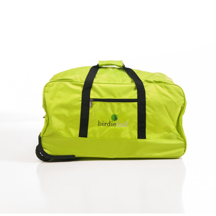 A bright green BirdieBall Wheeled Duffle Bag featuring black handles and a front zipper pocket is displayed against a white background.