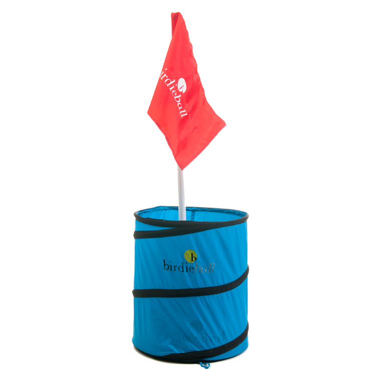 The BirdieBall BirdieTarget | Portable Golf Target is a collapsible blue practice target featuring a central red flag labeled "birdieball.