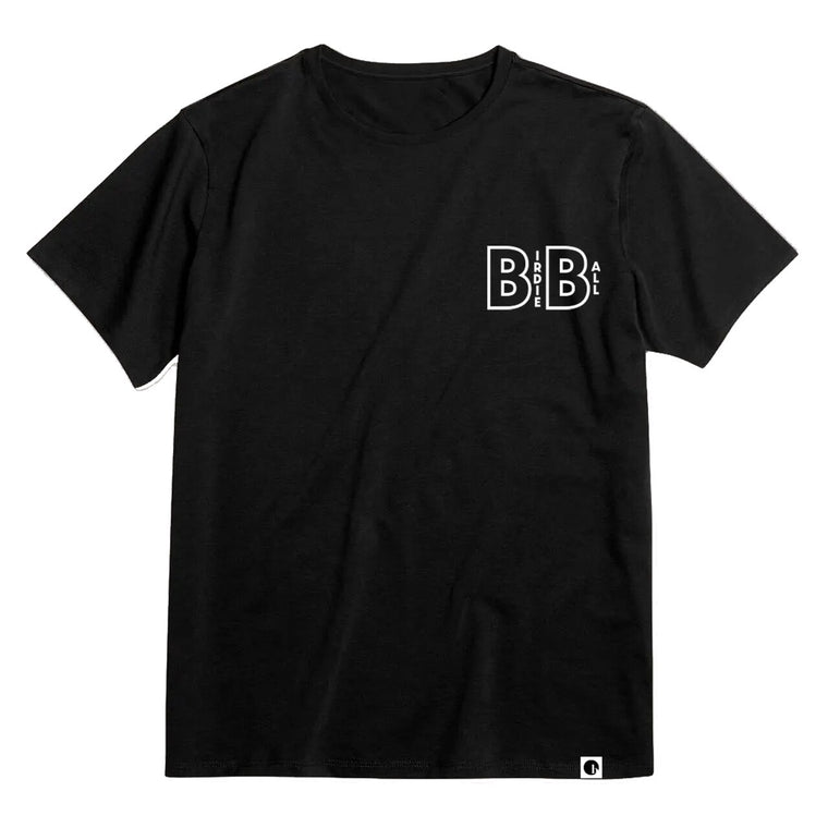 The BirdieBall T-Shirt (Unisex Black) by BirdieBall is a soft cotton-blend top with a small white “BID BAL” graphic in stylized text on the left chest.
