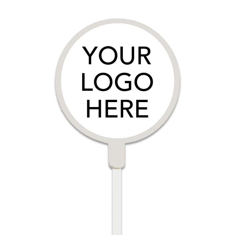 BirdieBall Custom Flag Pins feature a round white sign on a stick with "YOUR LOGO HERE" in bold black letters—ideal for personalized golf flags or custom putting green flags to highlight your unique branding.