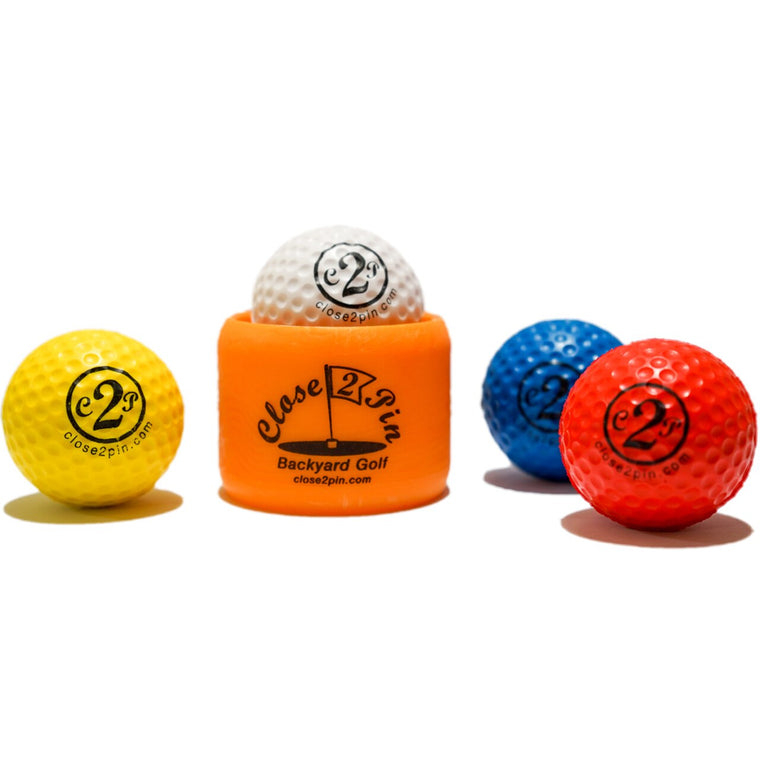 The BirdieBall Golf Chipping Game – Backyard Golf Game Close 2 Pin includes four colored balls with "close 2 pin" logos and an orange "Backyard Golf close2pin.com" tee, making family golf fun portable and convenient.