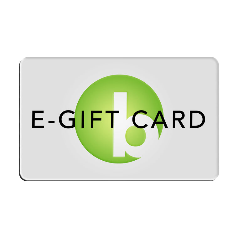 A rectangular BirdieBall 2020 e-Gift Card displays a green circle with a white lowercase "b" at the center, inspired by a putting green, and features "E-GIFT CARD" across the front.