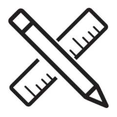 Icon of a black-outlined pencil and ruler crossed, with measurement marks on the ruler—perfect for representing BirdieBall’s Item Personalization features or app customization options.