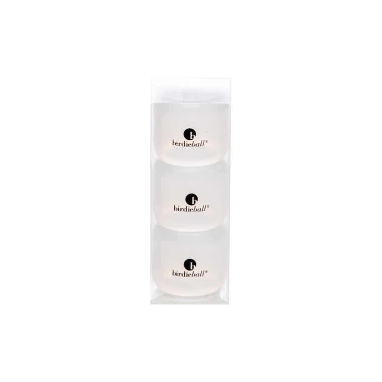 The BirdieBall Practice Golf Balls - Soft BirdieBall Sleeve features three white balls in a clear vertical package, each with the black BirdieBall logo—ideal for practicing your swing with the Big Green BirdieWedge.