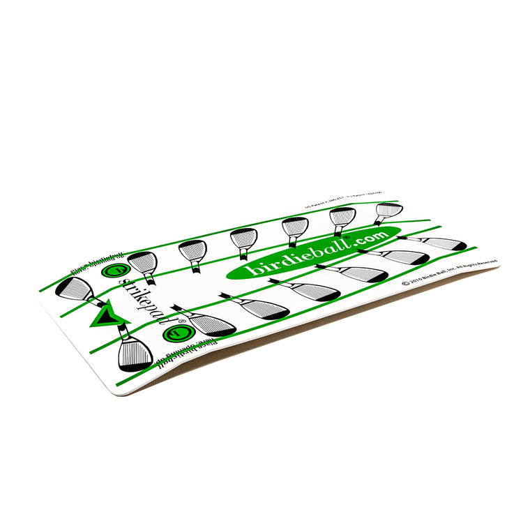 The BirdieBall StrikePad is a rectangular portable golf mat with club and ball graphics, target circles, "birdieball.com" branding, and is designed as a swing path trainer, shown on a white background.