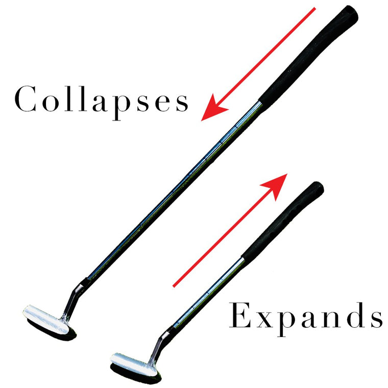 The BirdieBall Telescoping/Collapsing Travel Putter (Anser Style) features a black handle and is shown both collapsed and expanded, with red arrows indicating its adjustable length.